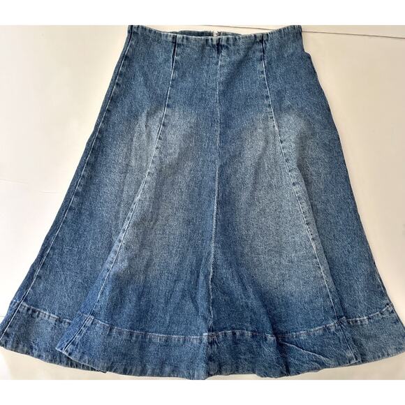 Warf And Weft LOS Denim Skirt 4/27 Blue High Rise A Line Midi 70s Retro Flare - Picture 3 of 12
